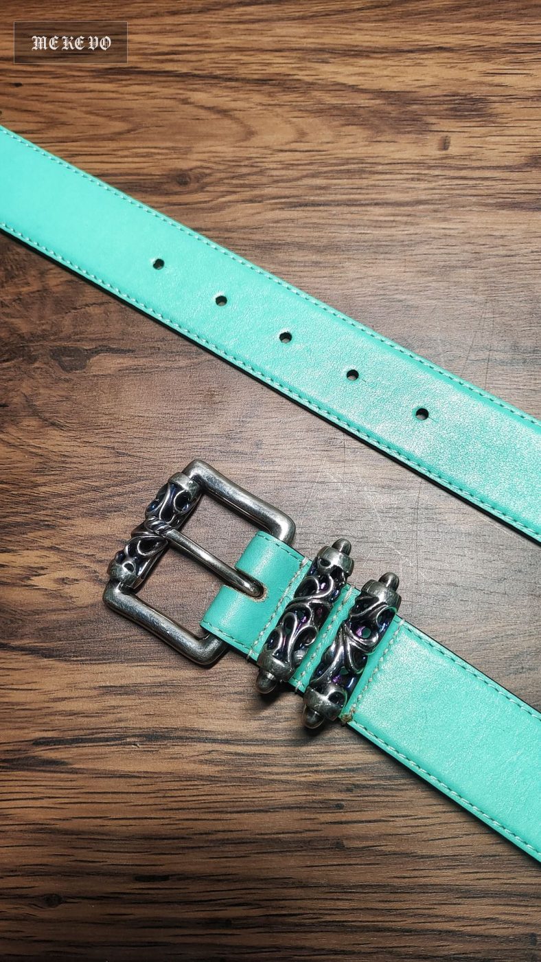 Chrome hearts 3.5cm wide Tiffany blue vine pattern three-piece set/cross white belt