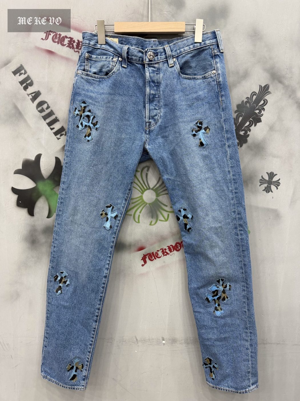 Chrome Hearts x Levi's 501 blue leopard print horsehair patchwork jeans