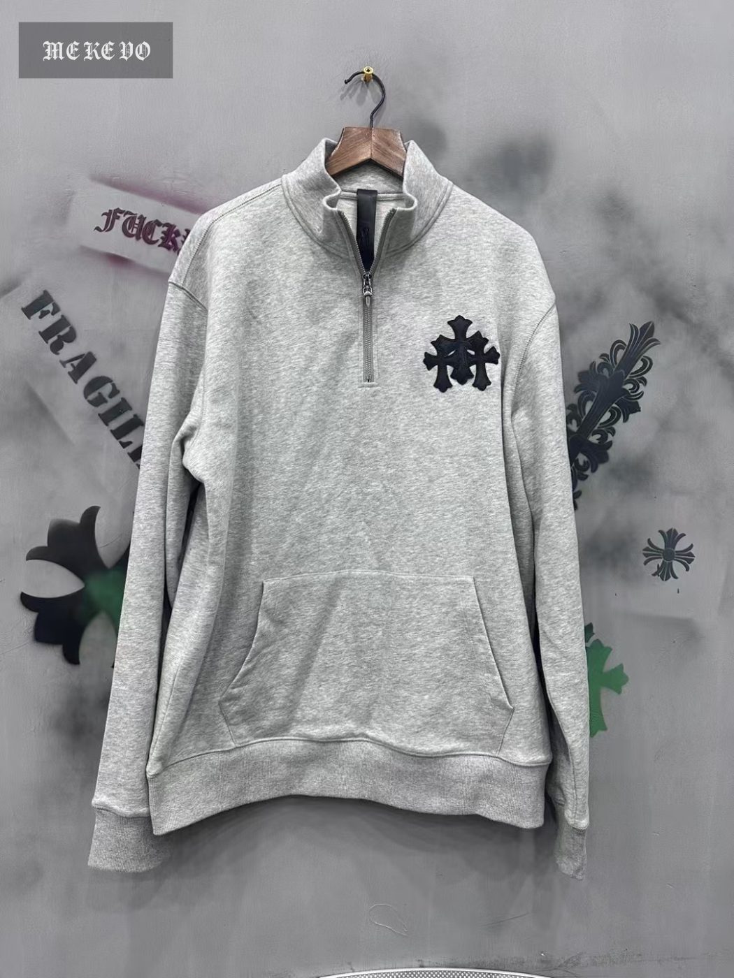 Chrome hearts half-zip pullover cotton sweatshirt with leather patch