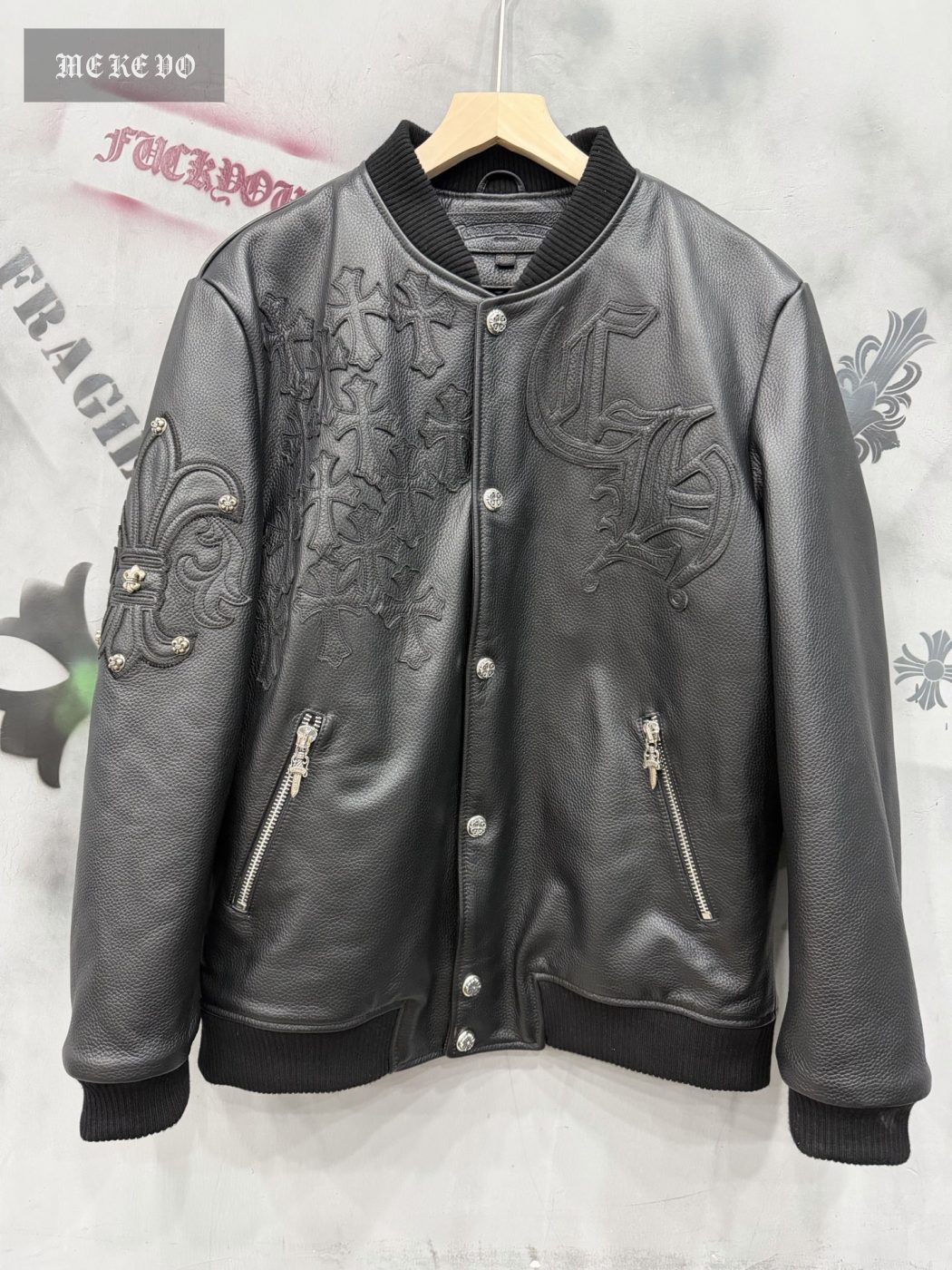Chrome hearts full-grain natural distressed cowhide quilted heavyweight baseball jacket