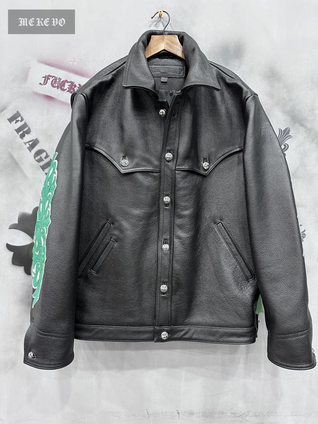 Chrome hearts classic green vine flame pattern natural distressed cowhide jacket