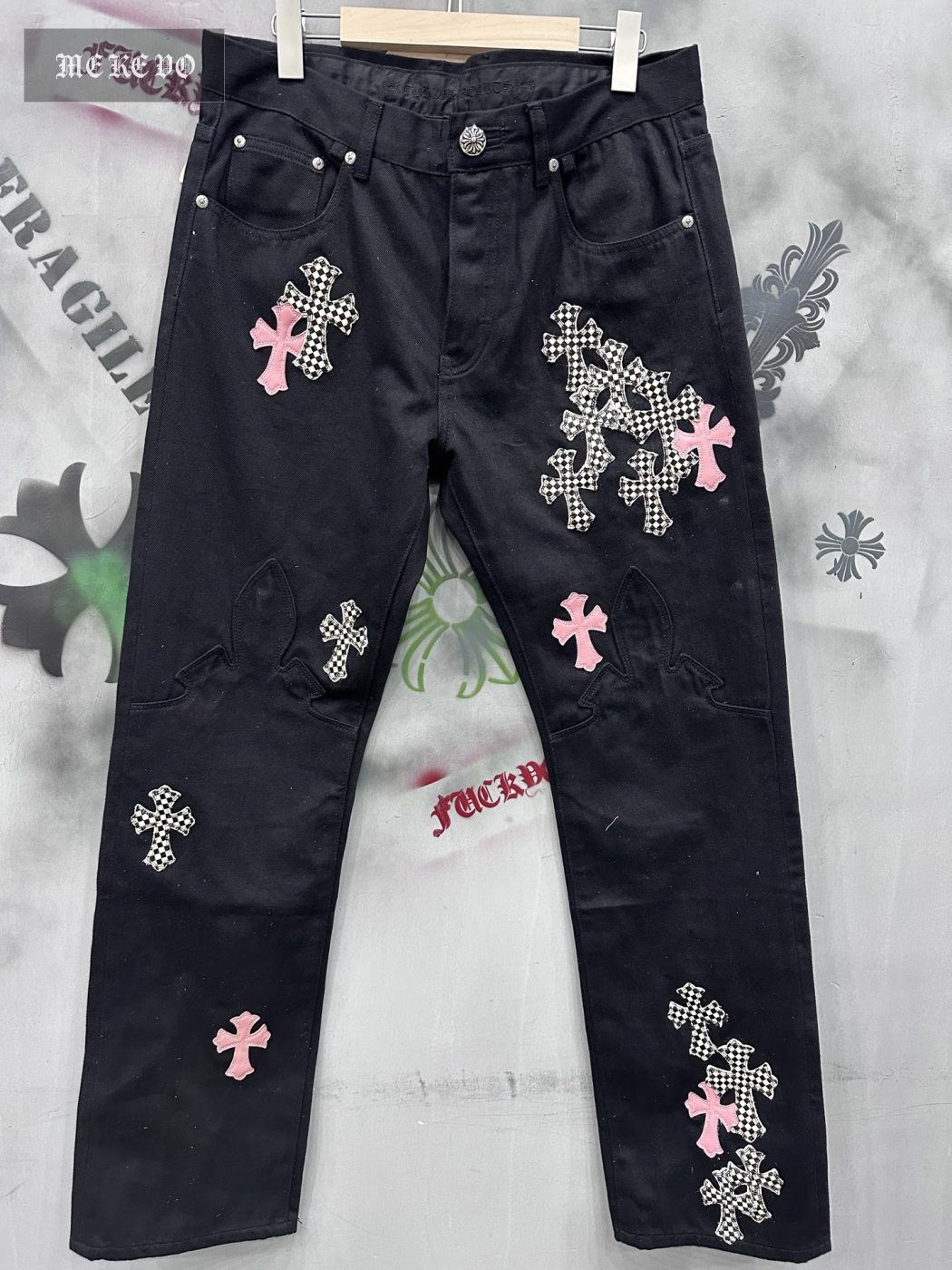Chrome hearts black flame patch mid-rise straight leg jeans