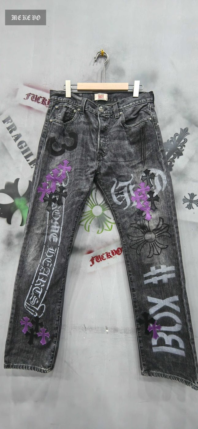 Chrome hearts x Levi's 501 black-gray spray-painted + hand-painted patchwork denim jeans