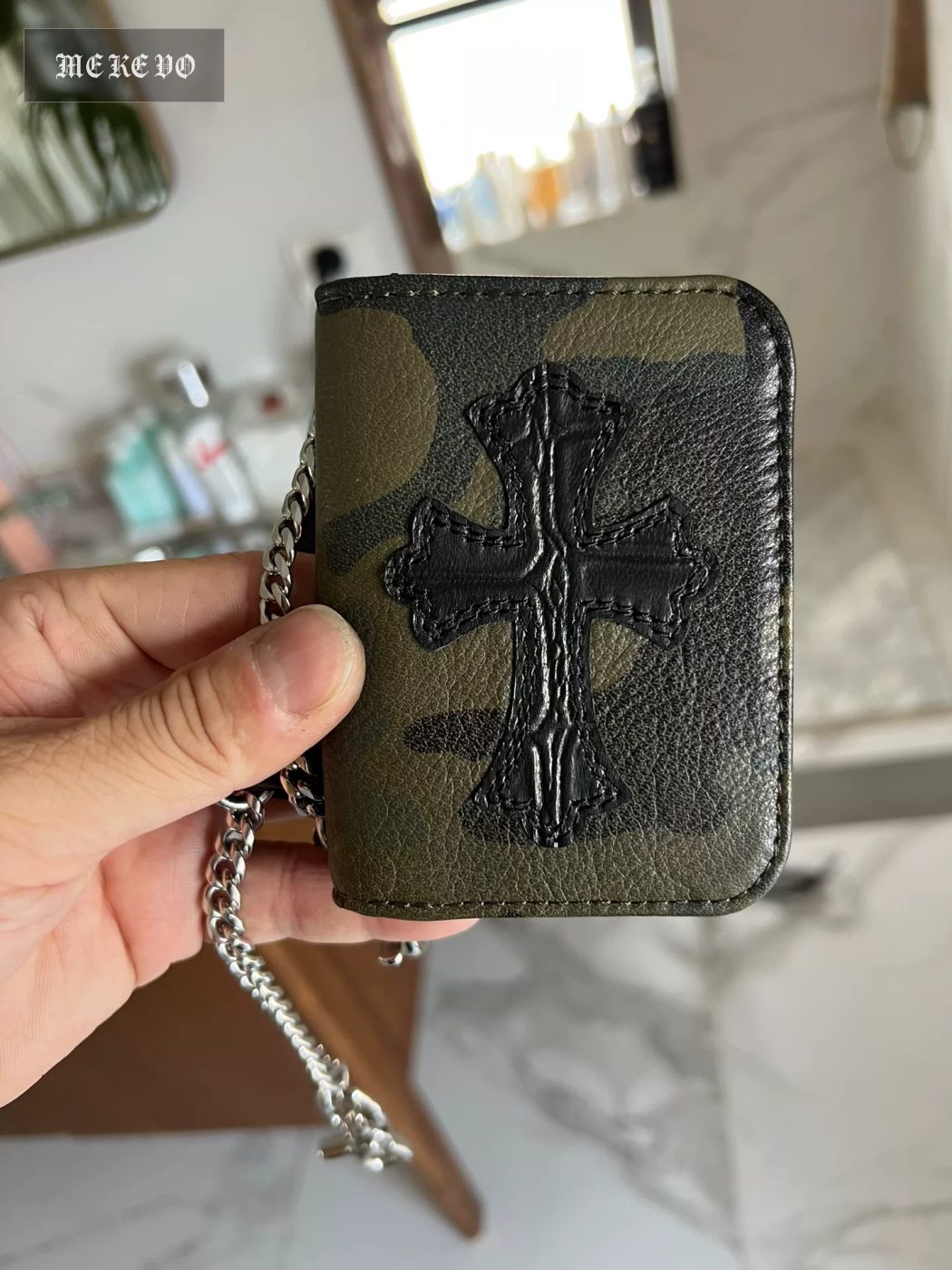 Chrome Hearts Style Roll-Up Card Holder with Chain - Camo Calfskin Leather