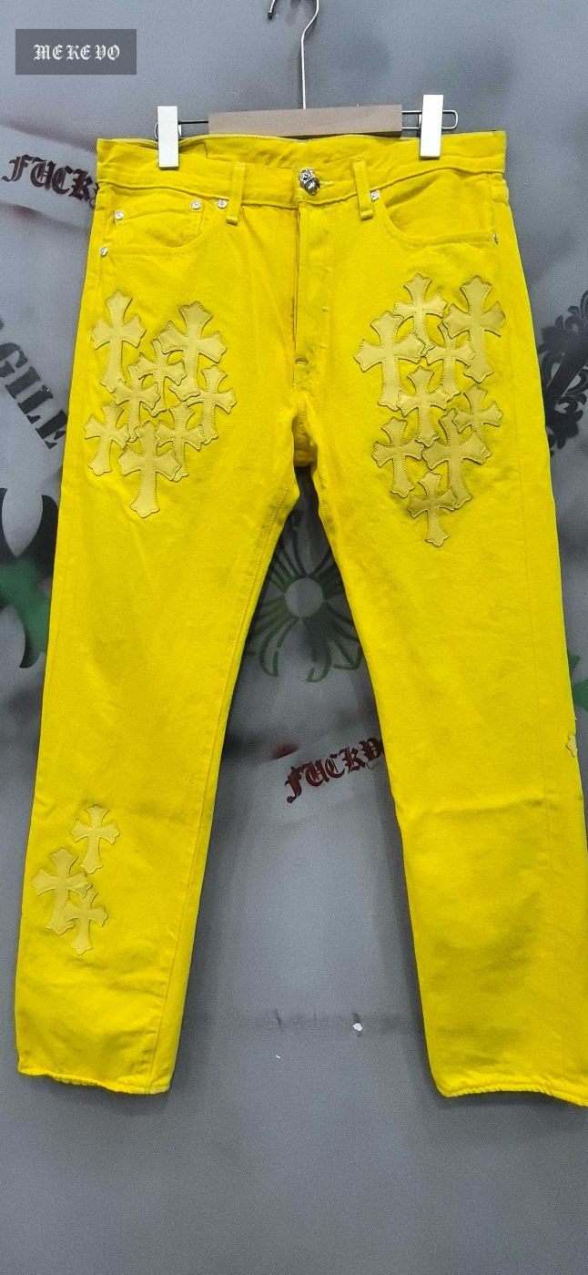 Chrome hearts Levi's Vintage 501 custom-dyed yellow straight-leg cross patch leather jeans