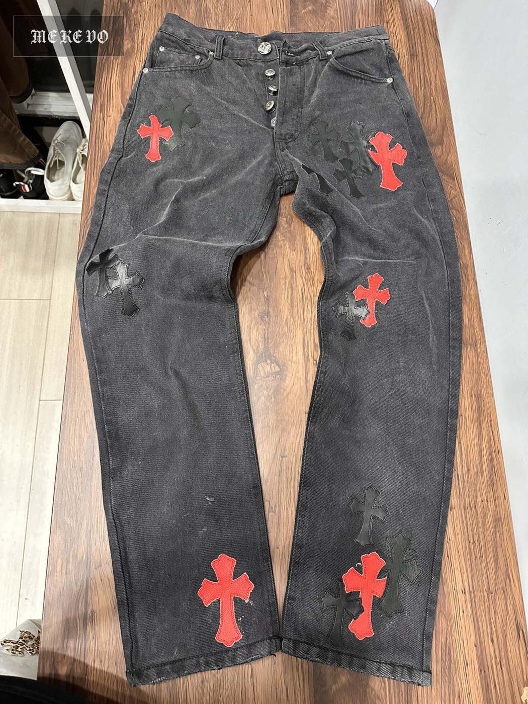Chrome hearts gray-black 501 patchwork leather vintage straight-leg jeans