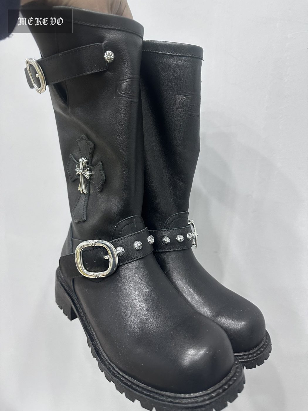Chrome hearts x Wesco black nappa leather patchwork high-top engineer boots