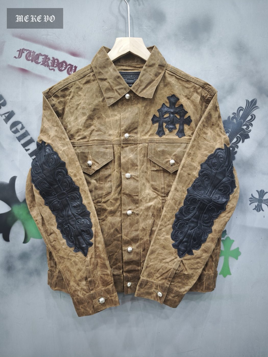 Chrome Hearts waxed canvas denim jacket with vine-embroidered leather sleeves