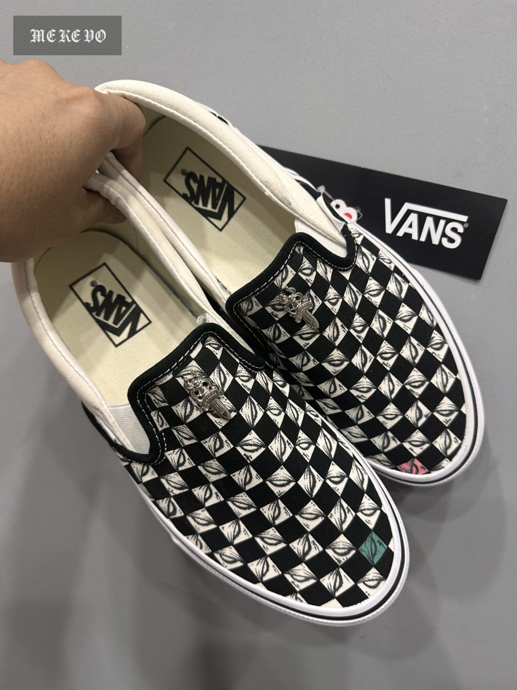 Chrome hearts x Vans x Matty Boy 925 Thousand Eyes Checkered Hand-painted Graffiti 925 Sterling Silver Platinum-plated Slip Ons Low-top Sneakers Vulcanized Shoes Casual Shoes