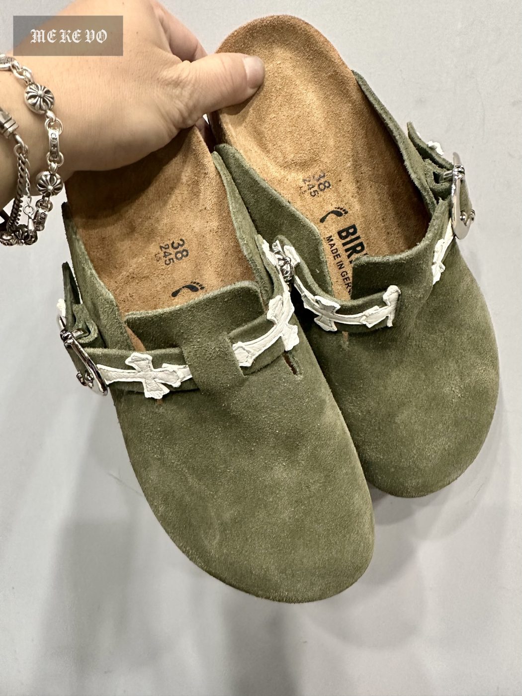Chrome hearts x Birkenstock military green white cross premium suede half-clog sandals
