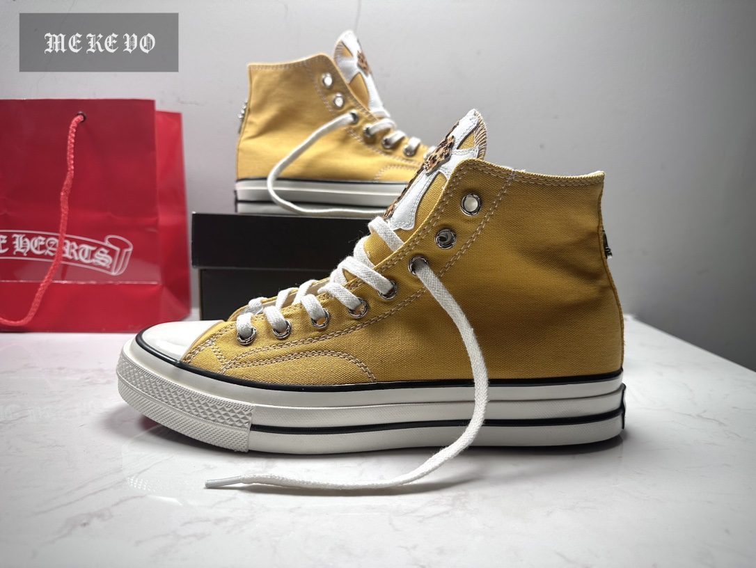 Chrome Hearts x Converse 1970s Deluxe Series Multicolor Ginger Yellow Leopard Print Horsehair Cross Logo ×3 High-Top Canvas Shoes