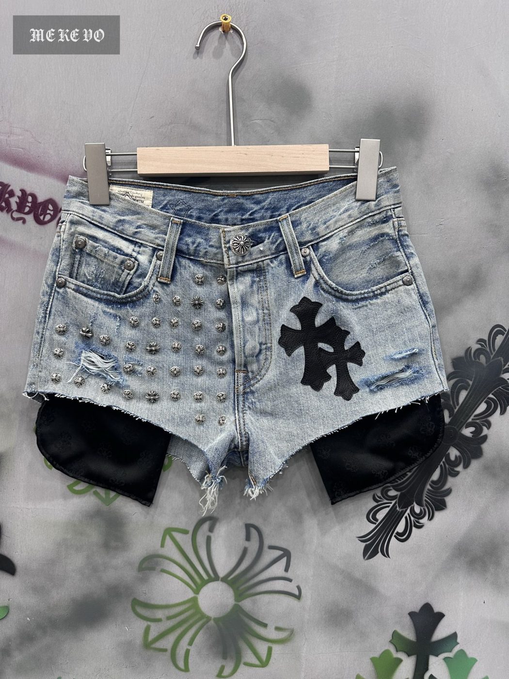 Chrome hearts blue 501 women's ultra-short patchwork leather hot pants