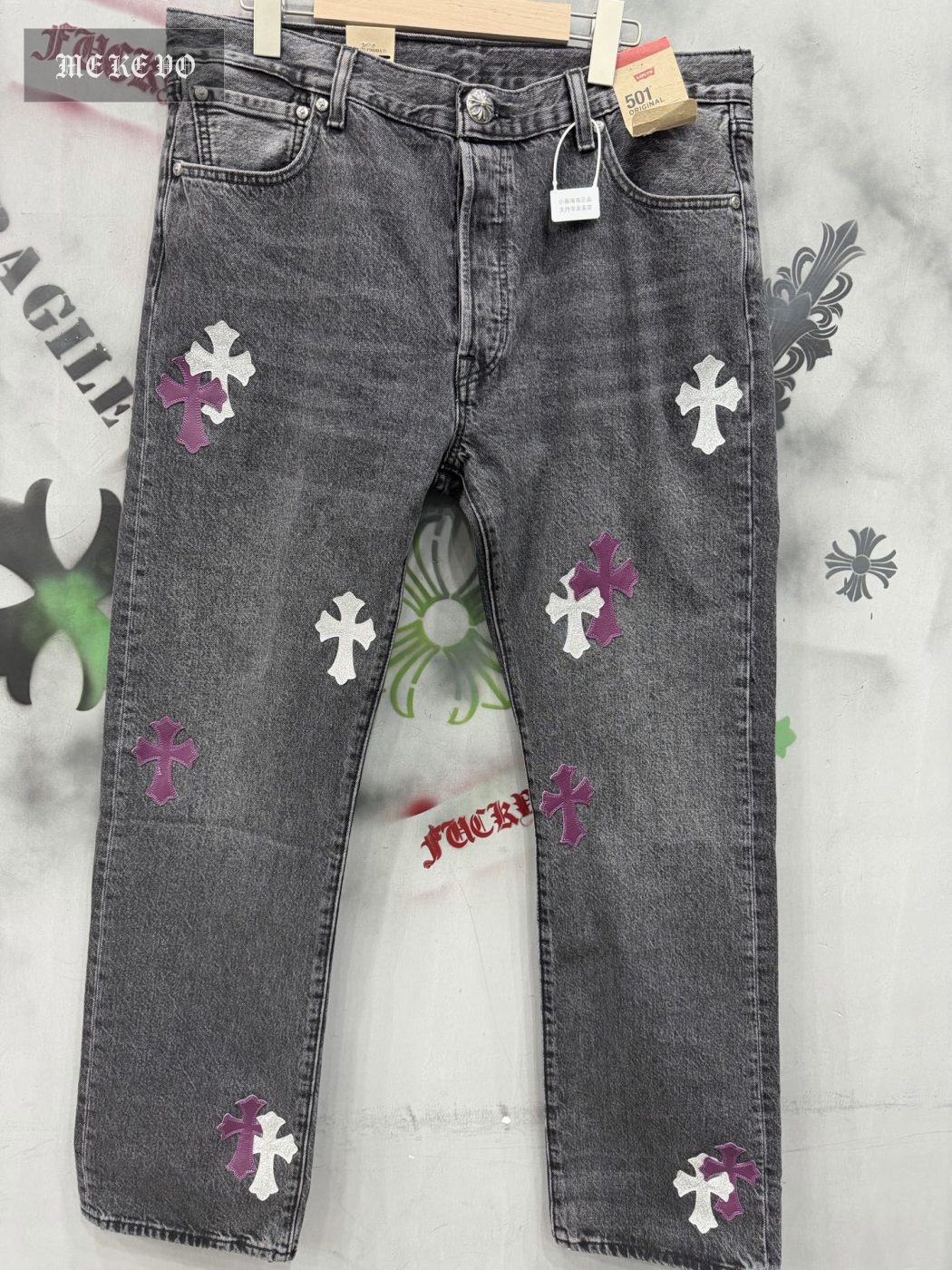 Chrome Hearts x Levi's Vintage 501 Silver Glitter and Purple Leather Jeans