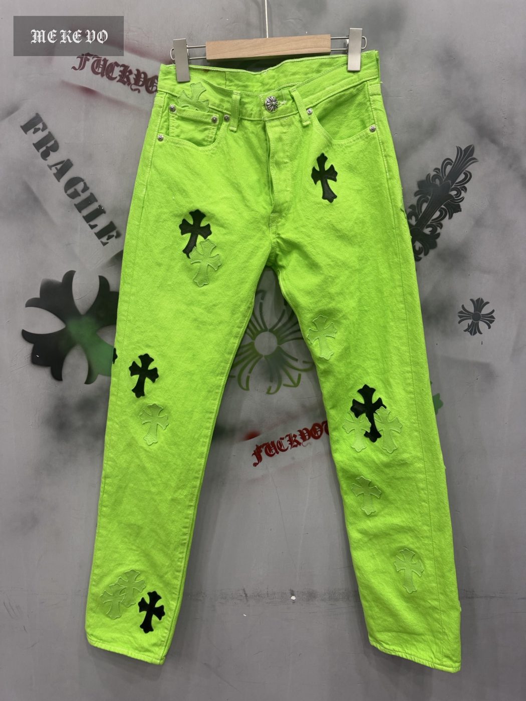 Chrome Hearts x Levi's Vintage 501 custom-dyed green patchwork leather jeans