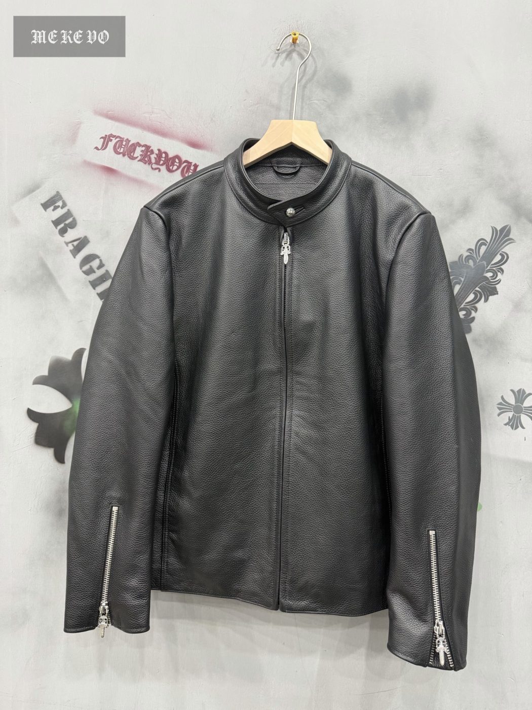 Chrome Hearts classic black top-grain distressed leather zip-up motorcycle jacket
