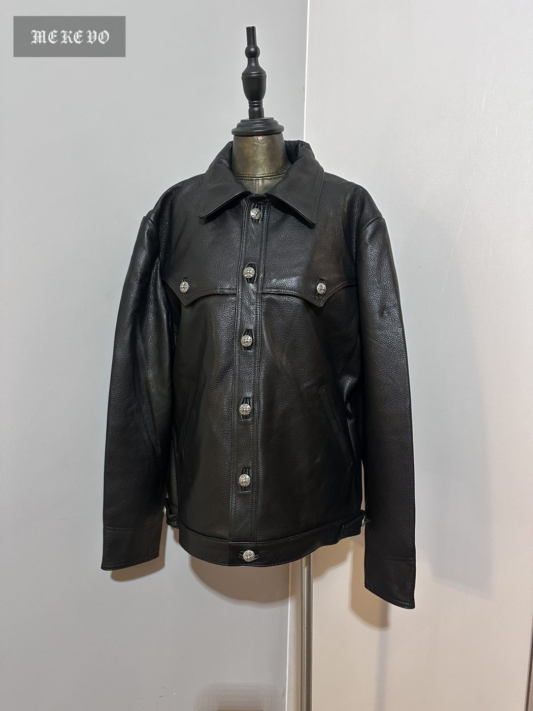 Chrome Hearts imported distressed cowhide leather jacket with green vine pattern and flame design, wide-fit style
