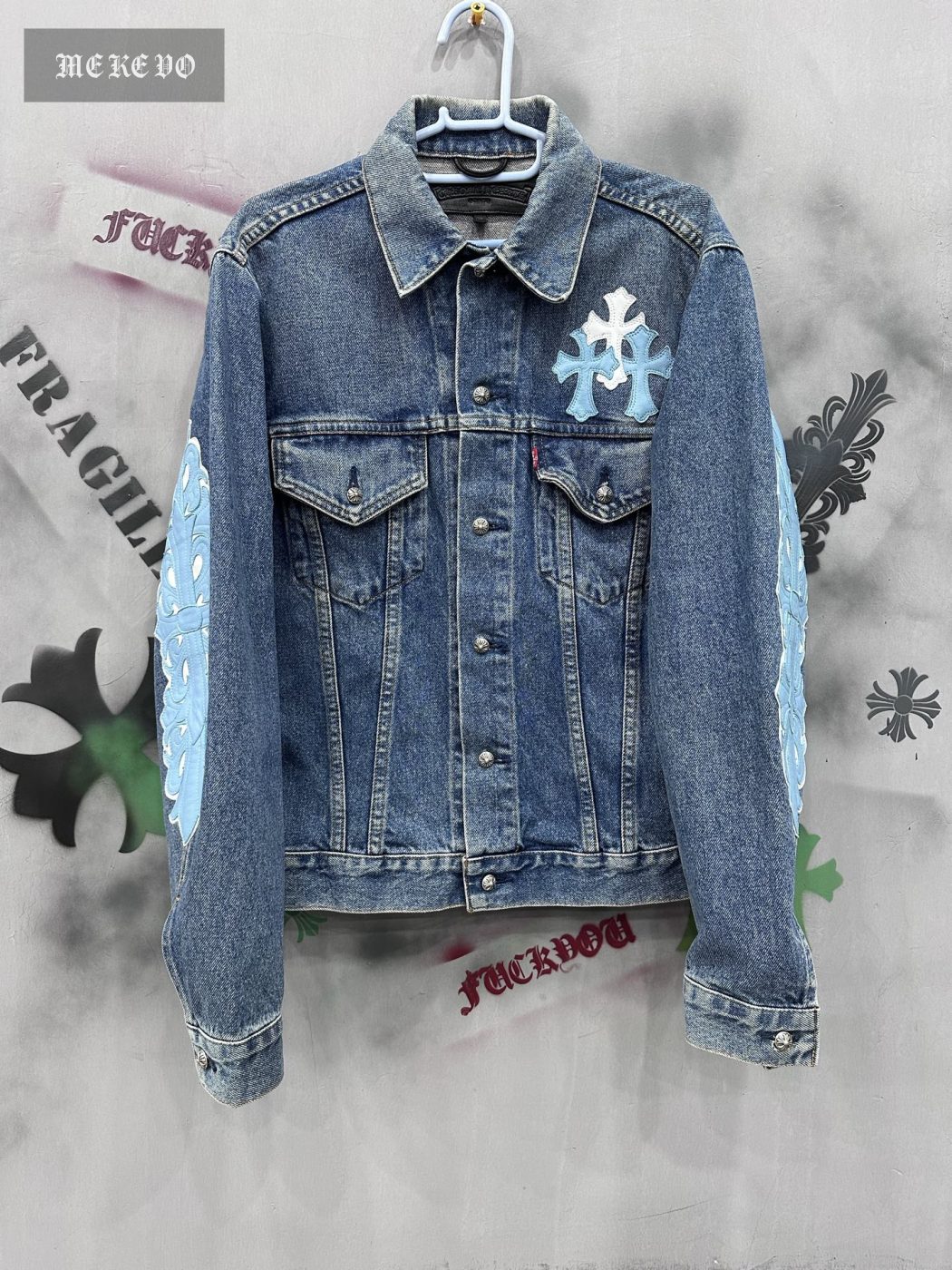 Chrome hearts x Levi's Type III Big E vintage denim jacket with vine floral patchwork on both sleeves