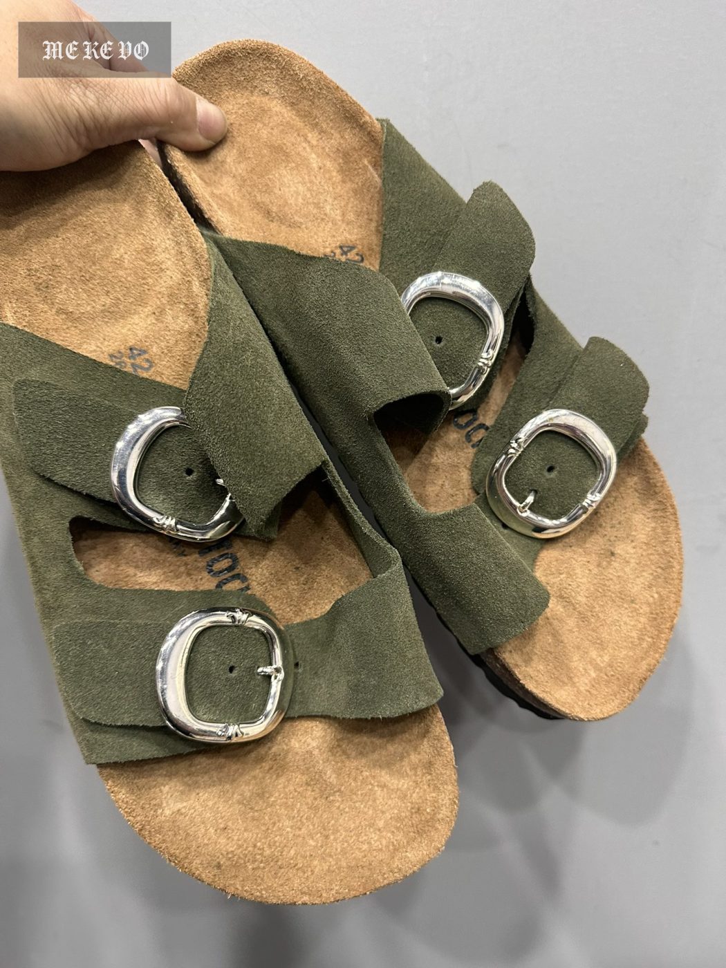 Chrome hearts x Birkenstock custom 3mm military green original top-layer suede leather double-lace sandals