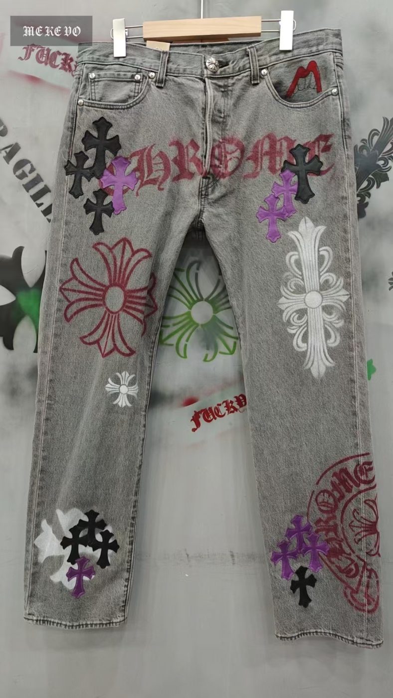 Chrome hearts x Levi's 501 medium gray spray-painted + hand-painted patchwork denim jeans
