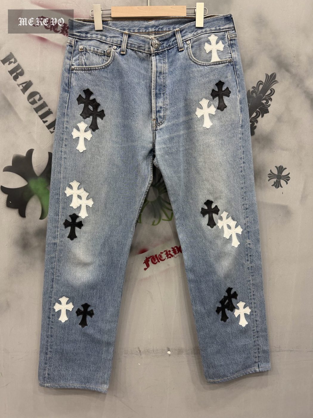 Chrome Hearts x Levi's Vintage 501 Ice Blue Patchwork Black and White Leather Jeans